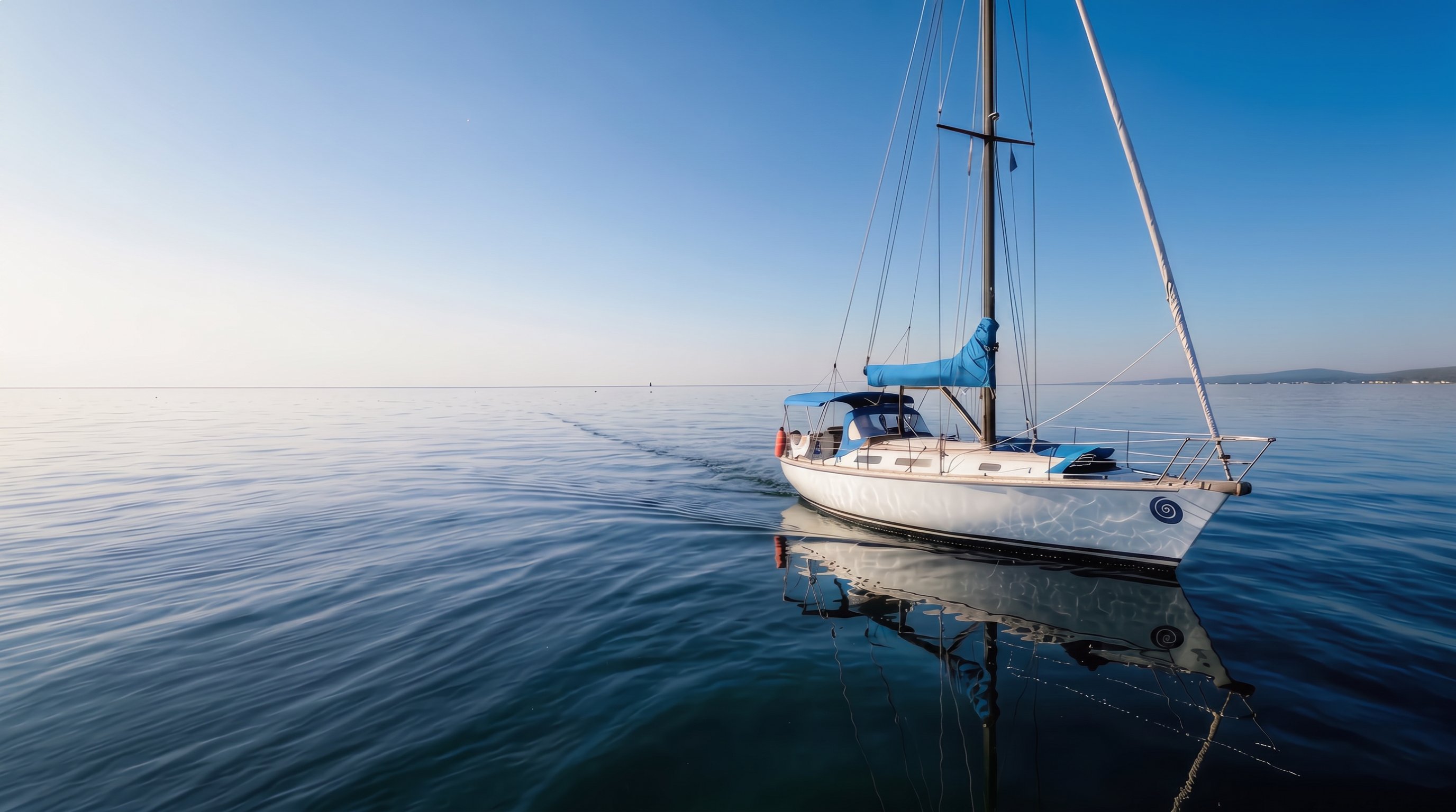 Un velero fondeado sobre aguas calmas al amanecer